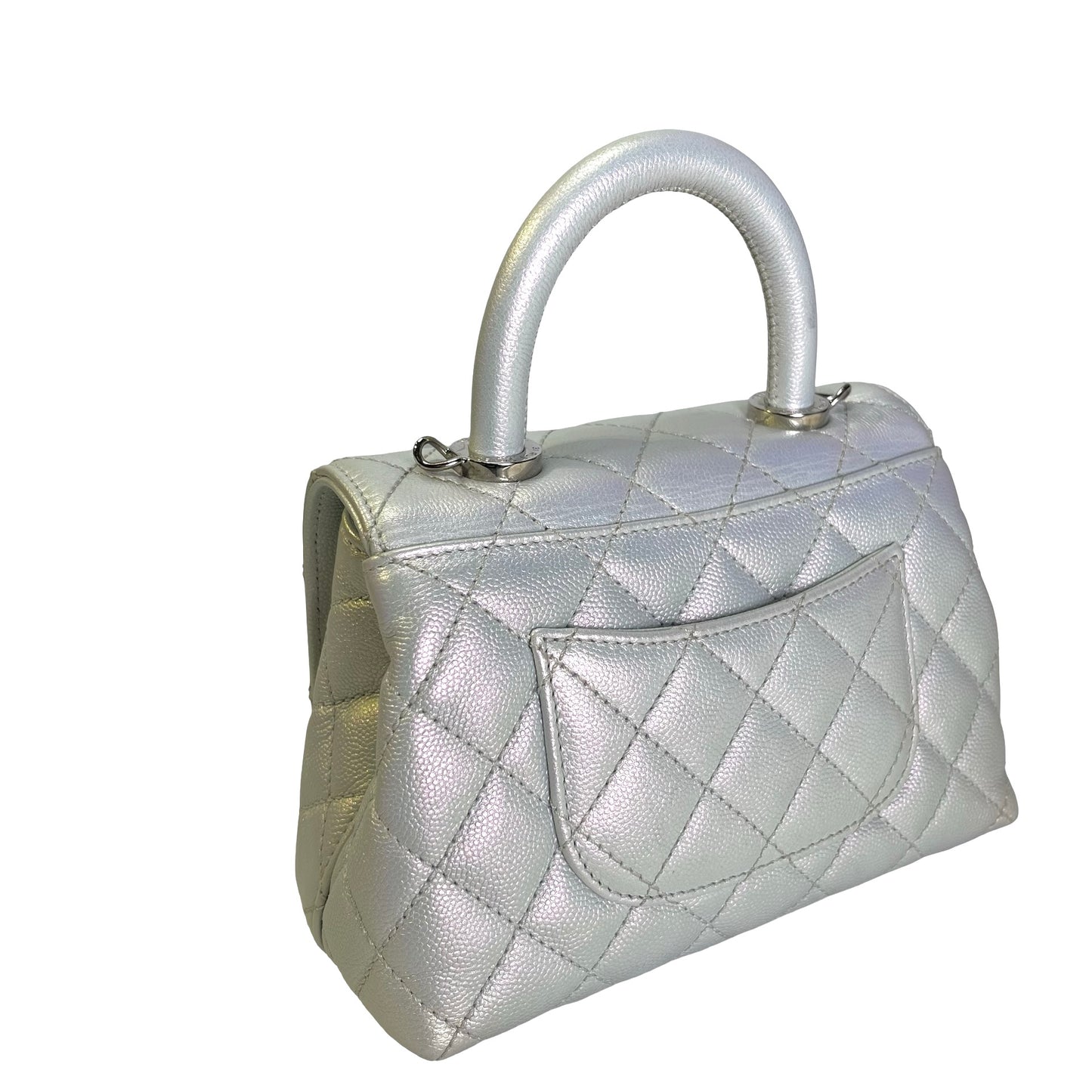 Used CHANEL Quilted Caviar Coco Handle Cross body bag Iridescent Silver Light Blue