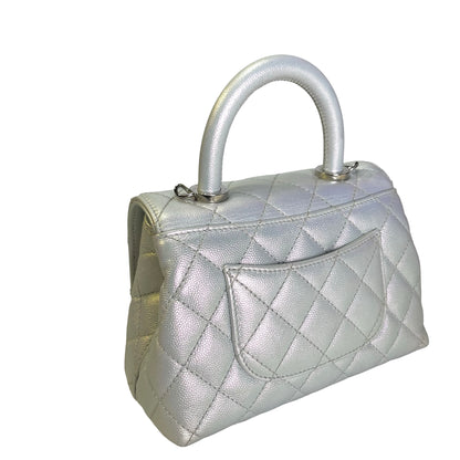 Used CHANEL Quilted Caviar Coco Handle Cross body bag Iridescent Silver Light Blue