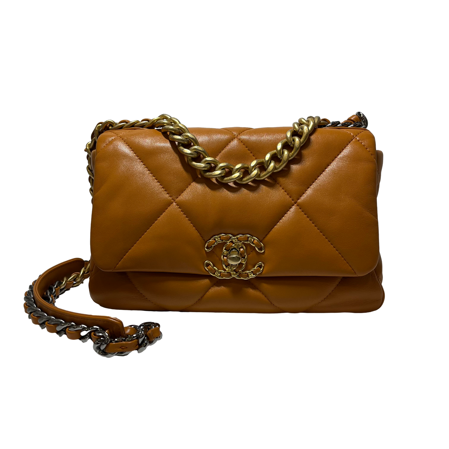 Used Chanel Lambskin 19 Bag Small Chain Shoulder Bag GHW Caramel