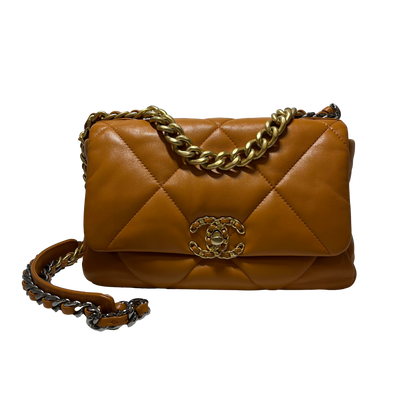 Used Chanel Lambskin 19 Bag Small Chain Shoulder Bag GHW Caramel