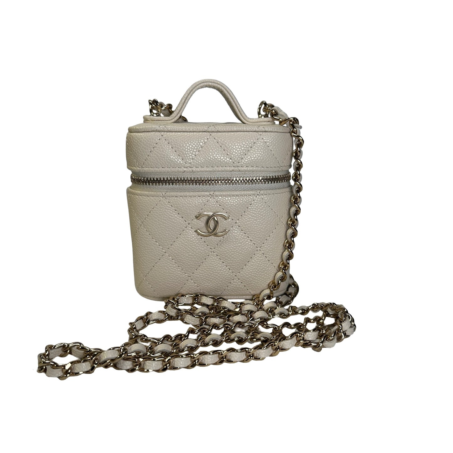Used CHANEL Quilted Caviar Small Vanity Case with Chain Vanity case White