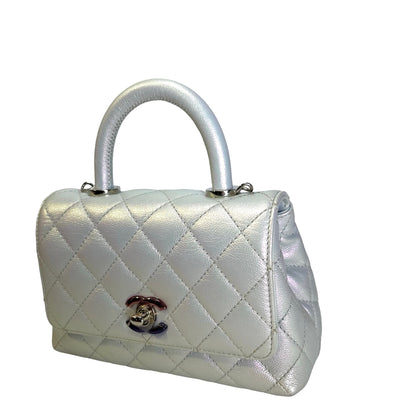 Used CHANEL Quilted Caviar Coco Handle Cross body bag Iridescent Silver Light Blue