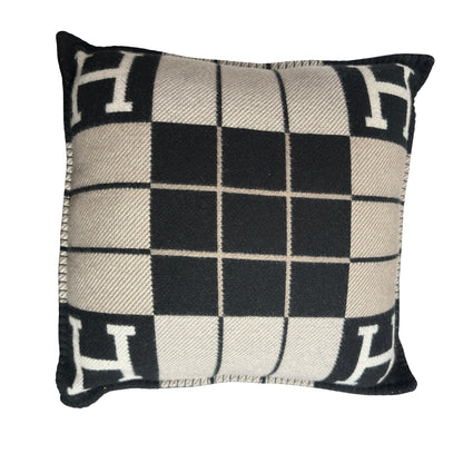 HERMES H Logo Plaid Avalon III Cushion PM Accessories Black Grey