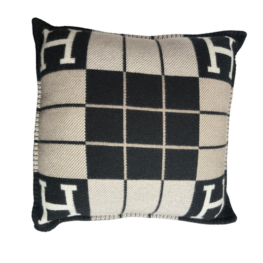 HERMES H Logo Plaid Avalon III Cushion PM Accessories Black Grey