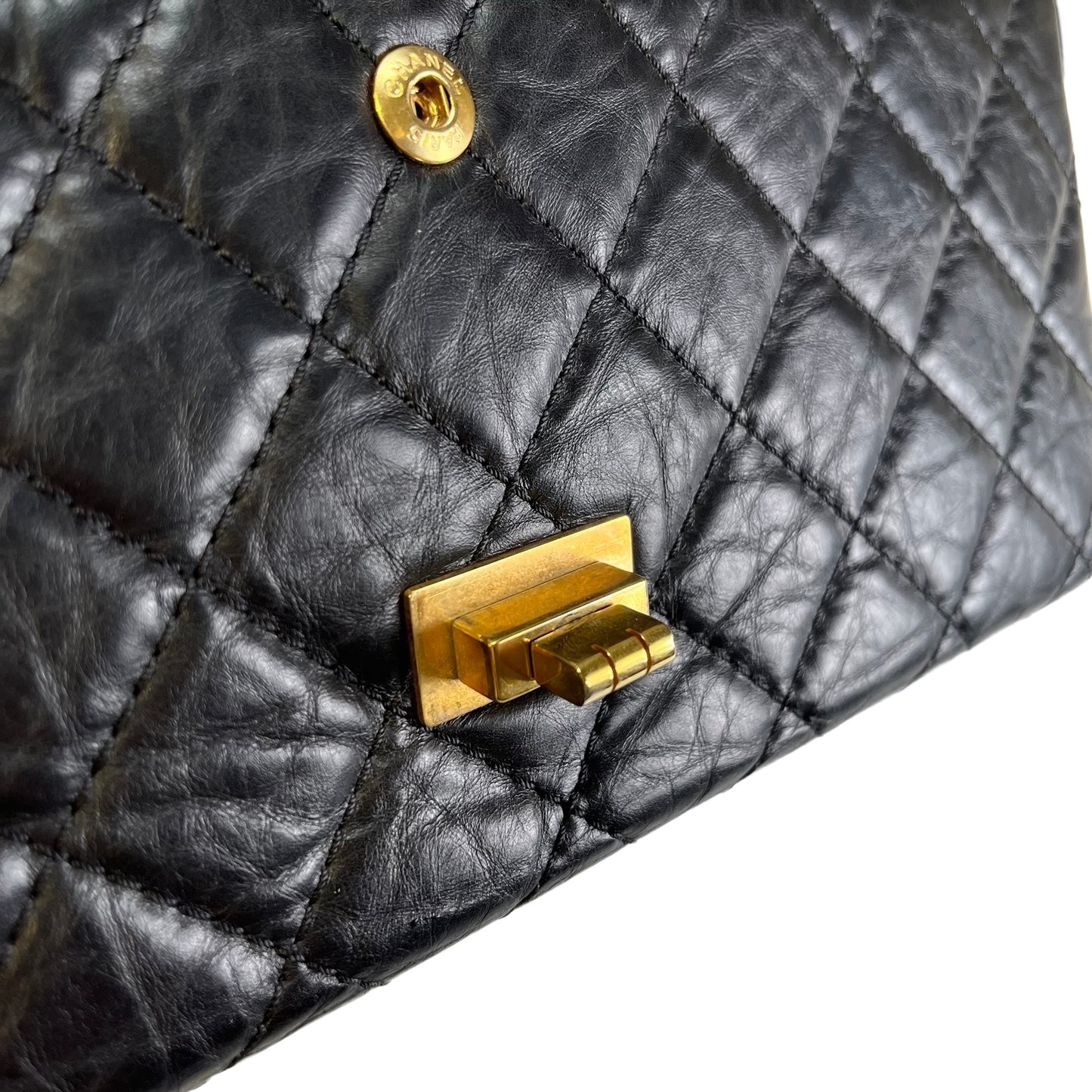 Used CHANEL Quilted Aged Calfskin 2.55 Medium Chain Shoulder Bag Black Gold