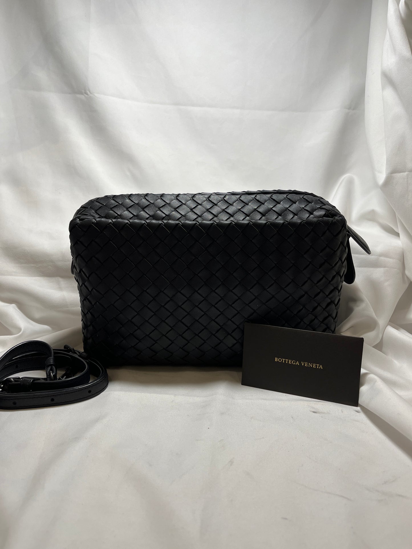 USED A Bottega Veneta Calfskin Leather Cross Body Bag Crossbody Bag Black