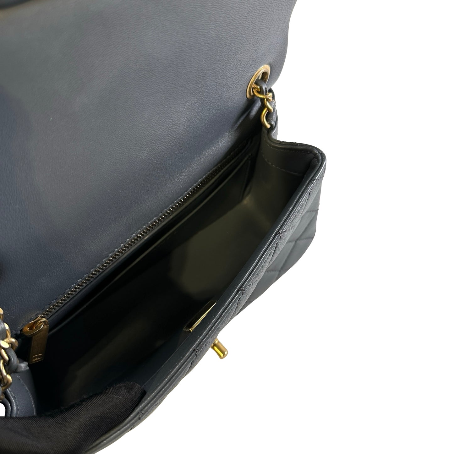 Used CHANEL Quilted Lambskin Mini Flap Bag With Gold Ball Mini Bag Grey GHW