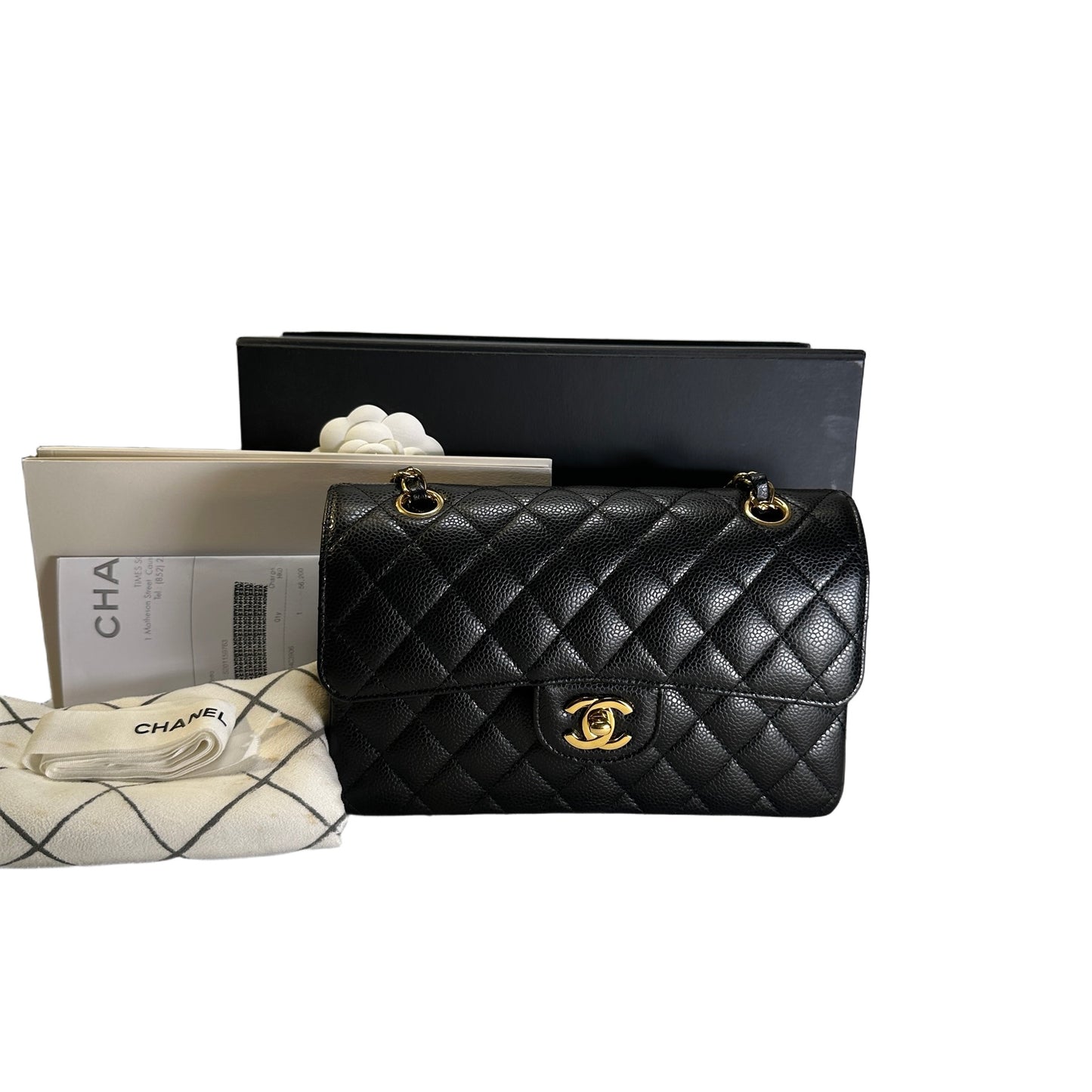 Used CHANEL Caviar Quilted Classic Double Flap Chain Shoulder Bag Black Gold