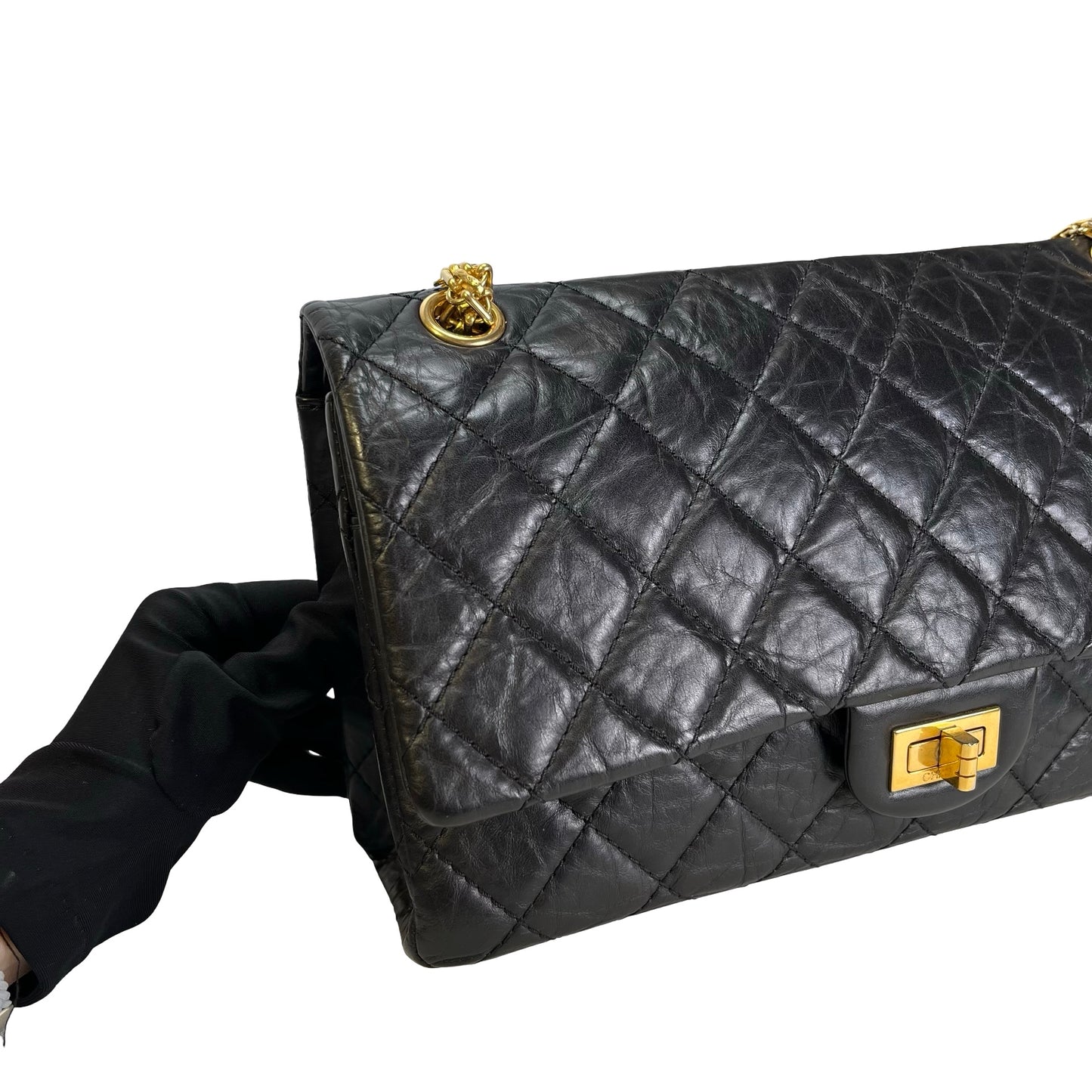Used CHANEL Quilted Aged Calfskin 2.55 Medium Chain Shoulder Bag Black Gold