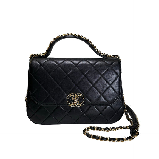 Used CHANEL Lambskin Chain Infinity Top Handle Bag Cross body bag Black GHW