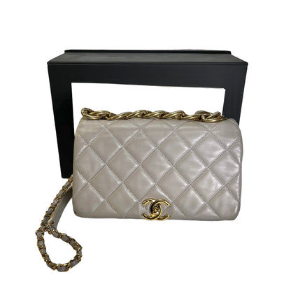 CHANEL Quilted Lambskin Flap Chain Shoulder Bag Grey GHW