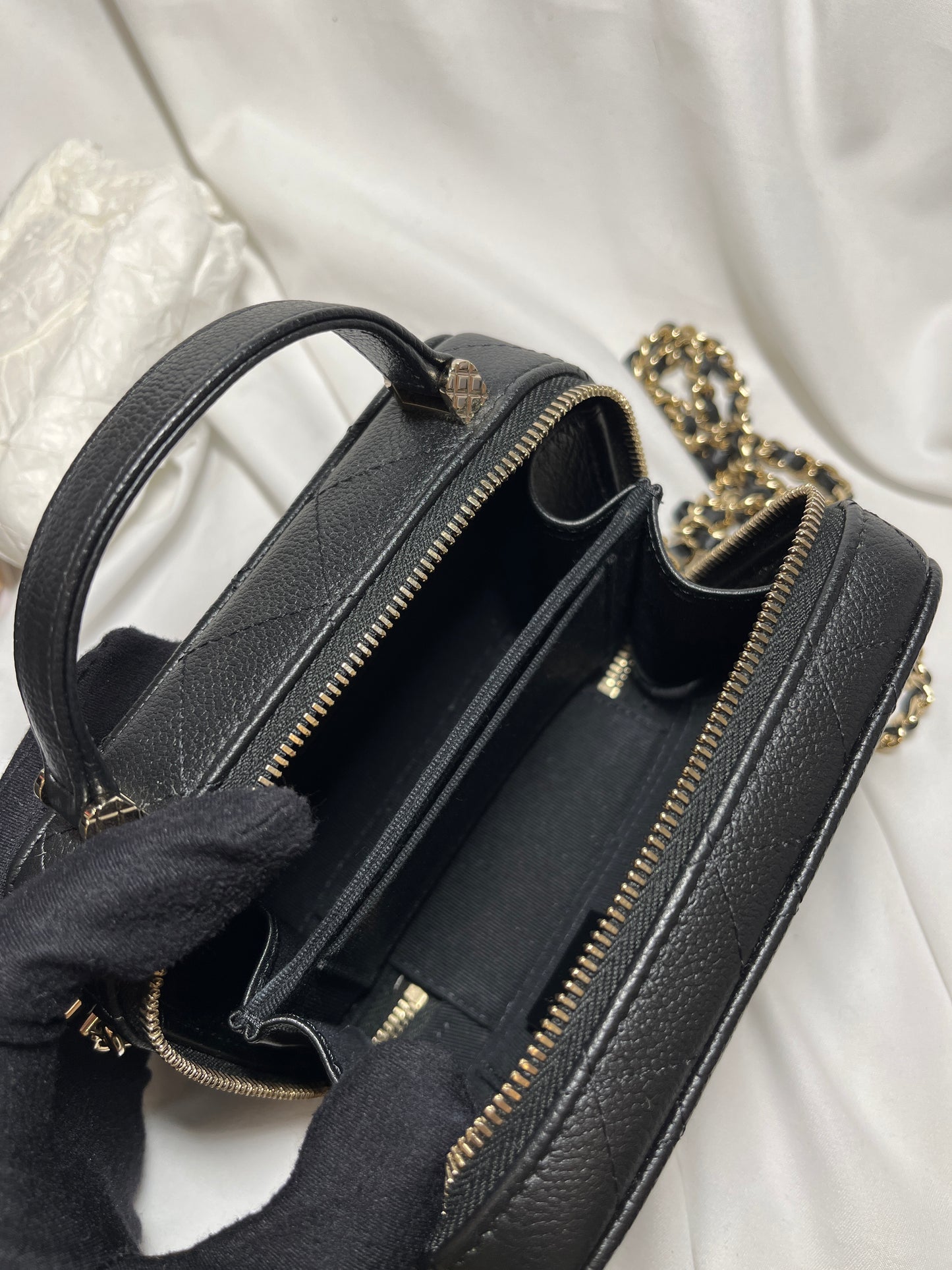 Used CHANEL Calfskin Leather Handle Mini Cross Body Bag Black GHW