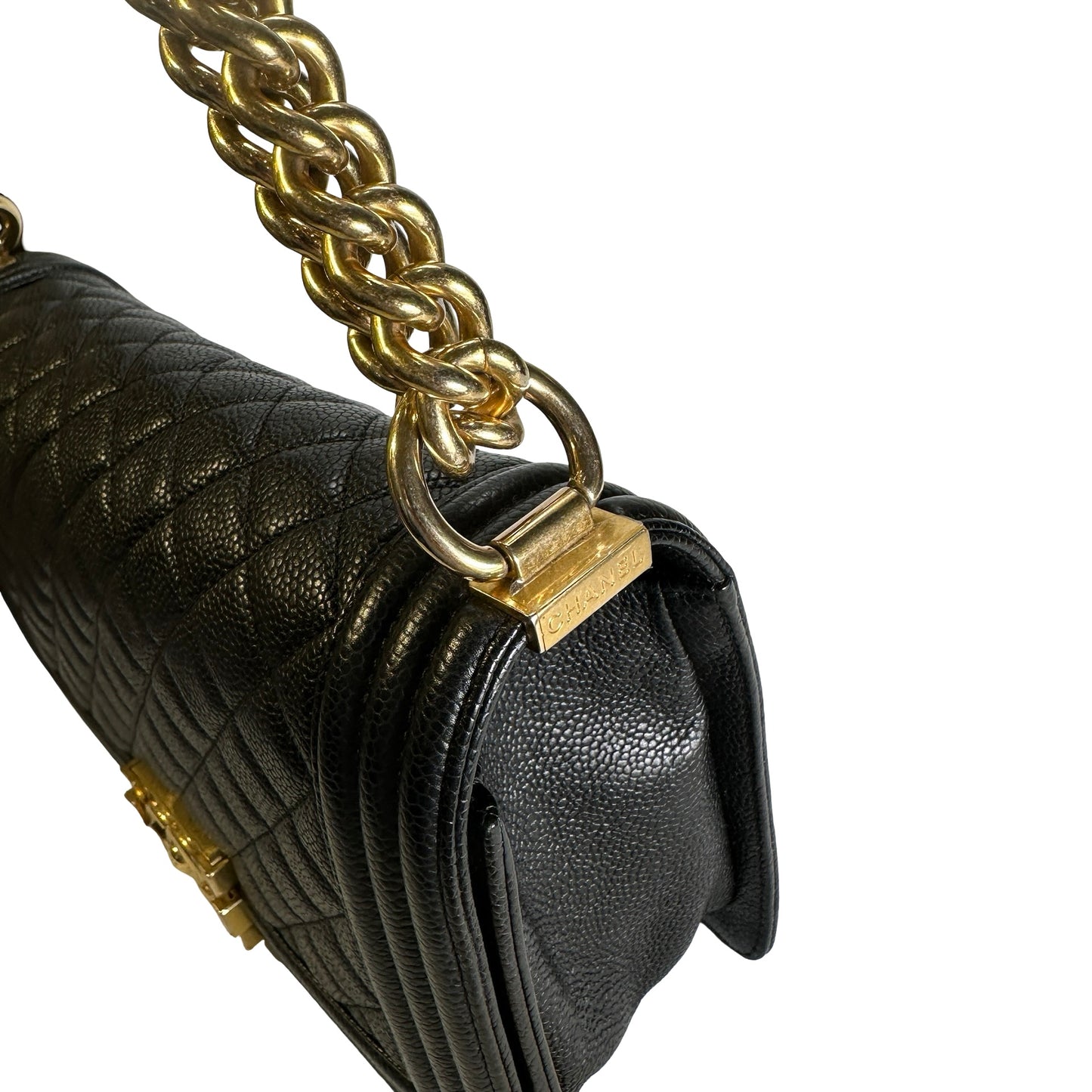 Used CHANEL Caviar Quilted Boy Chain Shoulder Bag Black