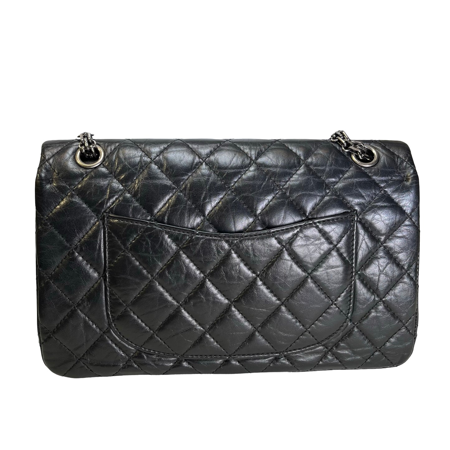 Used CHANEL Quilted Aged Calfskin 2.55 Medium Chain Shoulder Bag Black PHW