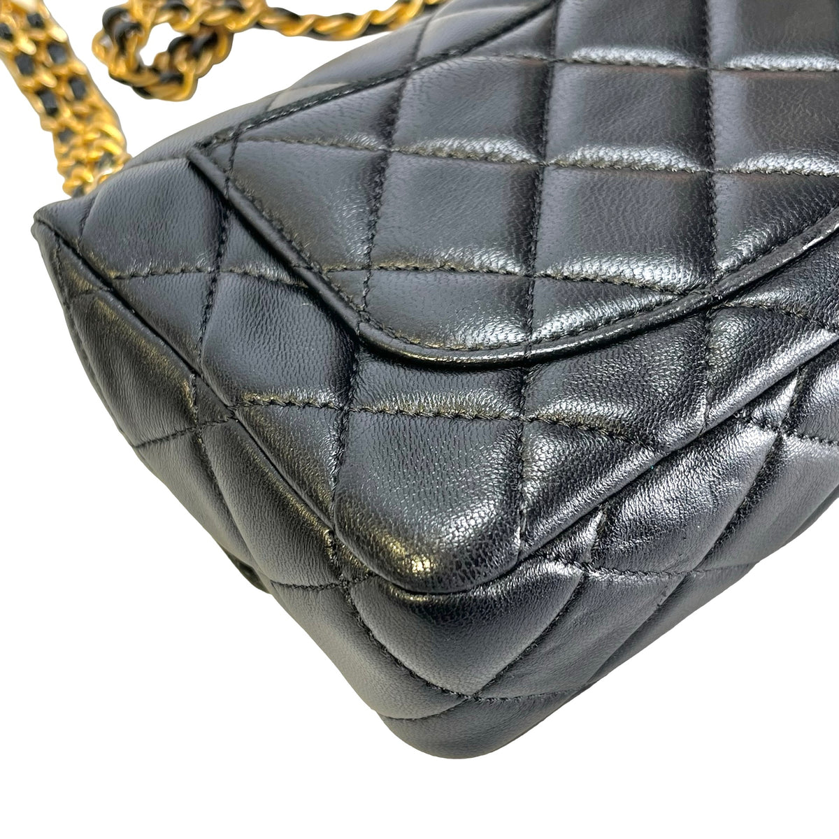 CHANEL Quilted Lambskin Mini Rectangular Flap Chain Shoulder Bag Black Gold