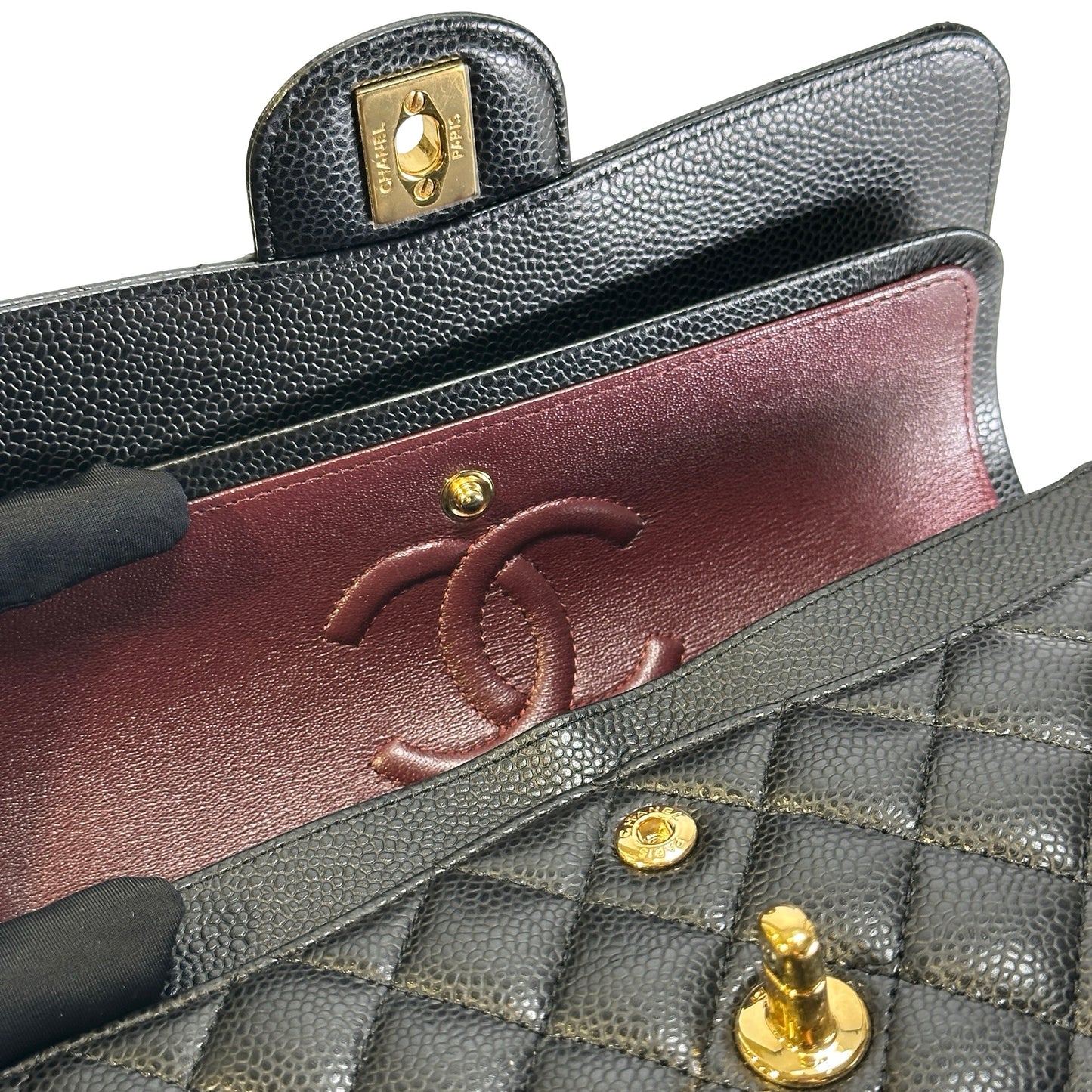 Used CHANEL Caviar Quilted Classic Double Flap Chain Shoulder Bag Black Gold
