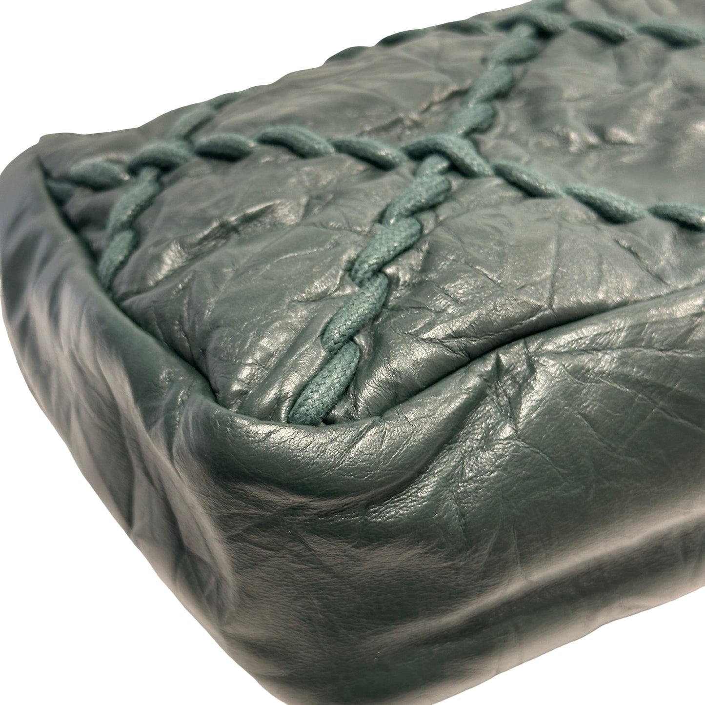 CHANEL Quilted Crinkled Calfskin Surpique Chain Shoulder Bag Dark Green Silver Hardware