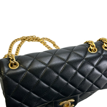 Used CHANEL Quilted Lambskin Quilted Crossbody Crossbody Bag Black Gold
