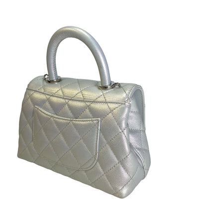Used CHANEL Quilted Caviar Coco Handle Cross body bag Iridescent Silver Light Blue