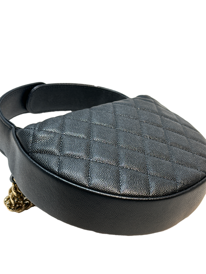 Used CHANEL Caviar Leather RIBBON HOBO POUCH Handbag Black GHW