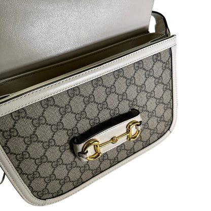 Used GUCCI GG Supreme Canvas Horsebit 1955 Shoulder Bag Beige White GHW