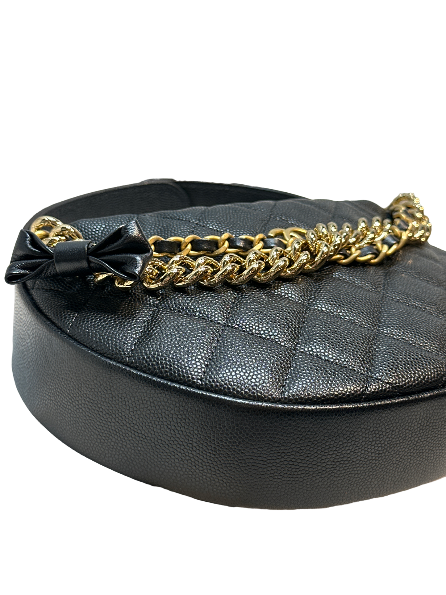 Used CHANEL Caviar Leather RIBBON HOBO POUCH Handbag Black GHW
