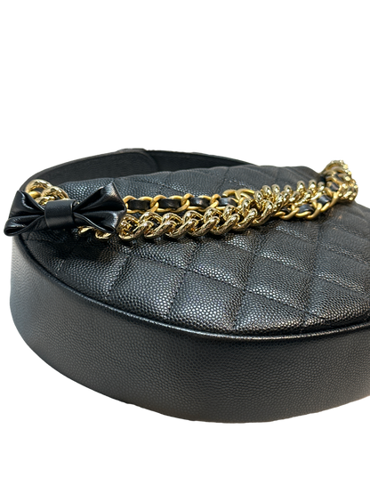Used CHANEL Caviar Leather RIBBON HOBO POUCH Handbag Black GHW
