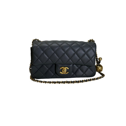 Used CHANEL Quilted Lambskin Mini Flap Bag With Gold Ball Mini Bag Grey GHW