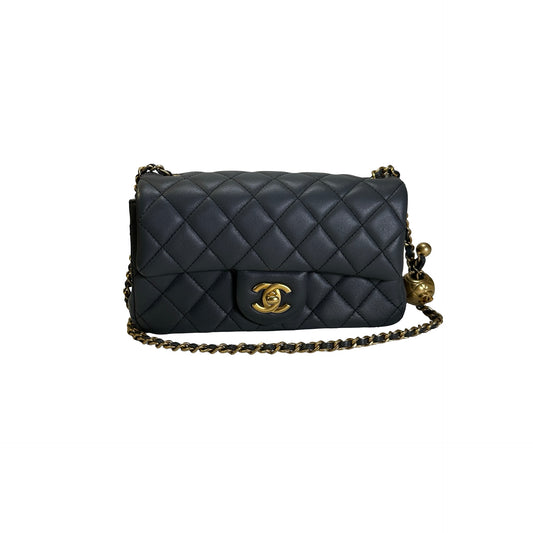 Used CHANEL Quilted Lambskin Mini Flap Bag With Gold Ball Mini Bag Grey GHW