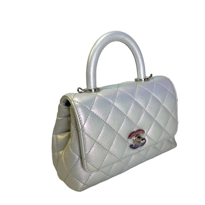 Used CHANEL Quilted Caviar Coco Handle Cross body bag Iridescent Silver Light Blue