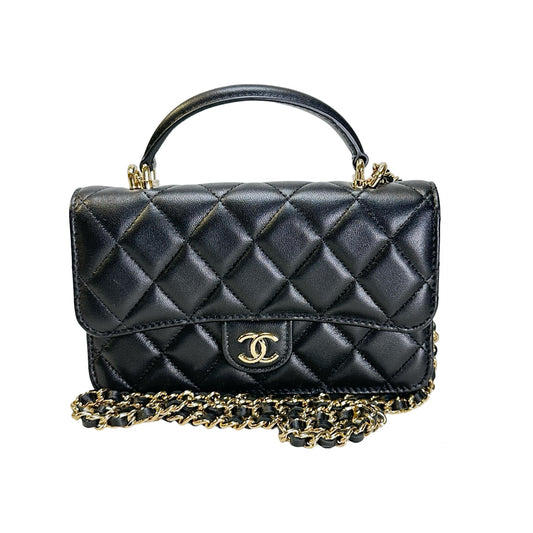 Used CHANEL Quilted Lambskin Phone Holder with Top Handle and Chain Crossbody Bag Black GHW
