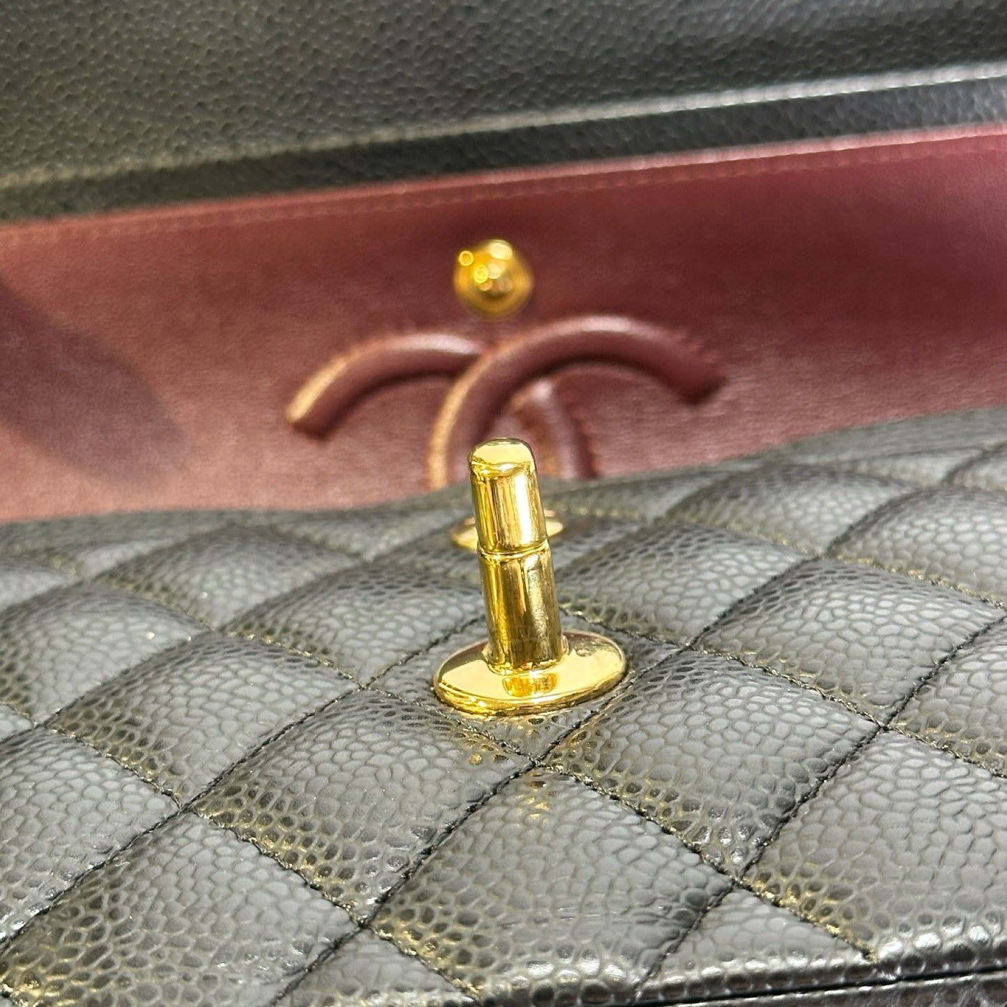 Used CHANEL Caviar Quilted Classic Double Flap Chain Shoulder Bag Black Gold
