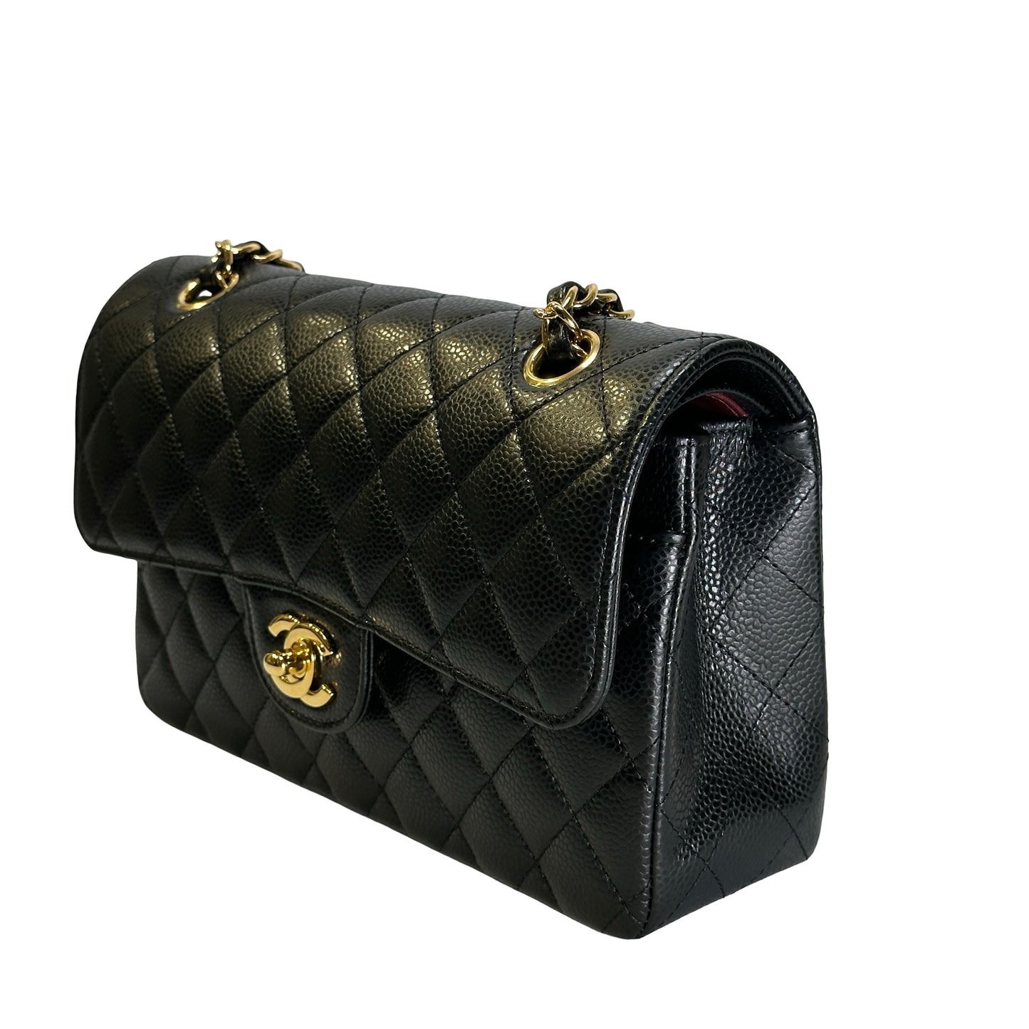 Used CHANEL Caviar Quilted Classic Double Flap Chain Shoulder Bag Black Gold
