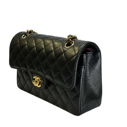 Used CHANEL Caviar Quilted Classic Double Flap Chain Shoulder Bag Black Gold