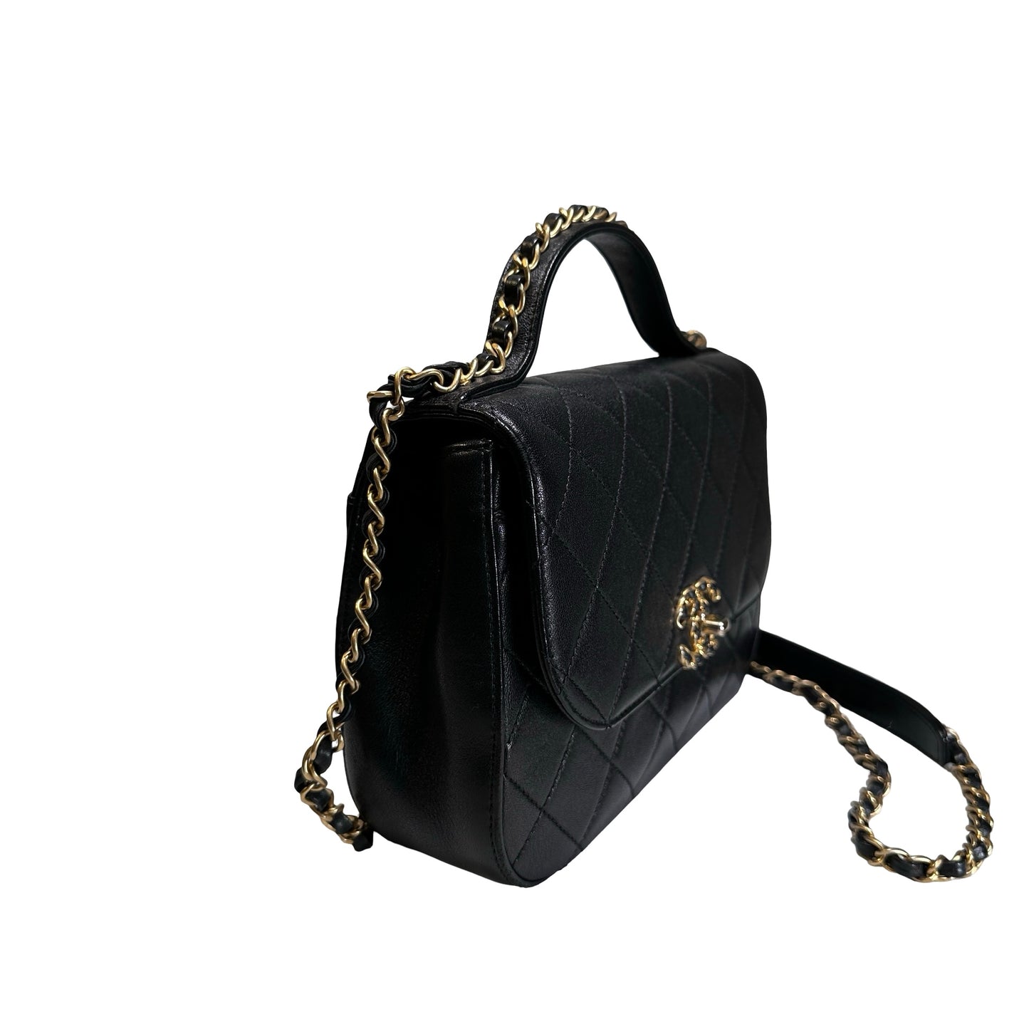 Used CHANEL Lambskin Chain Infinity Top Handle Bag Cross body bag Black GHW