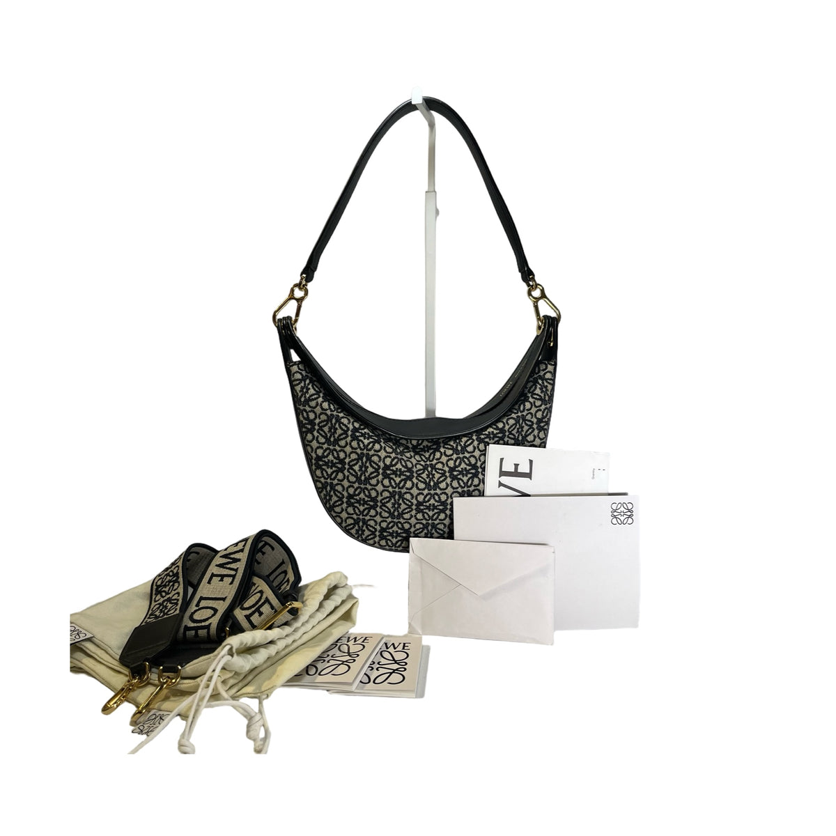 Used LOEWE Anagram Jacquard Luna Hobo Bag Navy Blue Black Beige