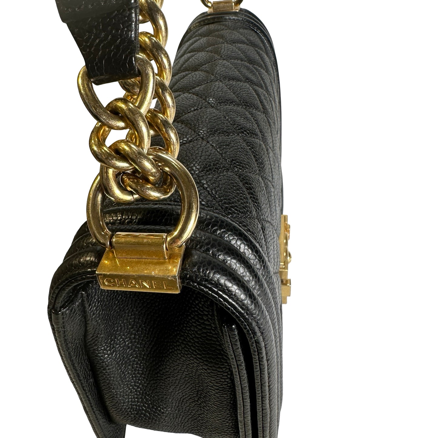 Used CHANEL Caviar Quilted Boy Chain Shoulder Bag Black
