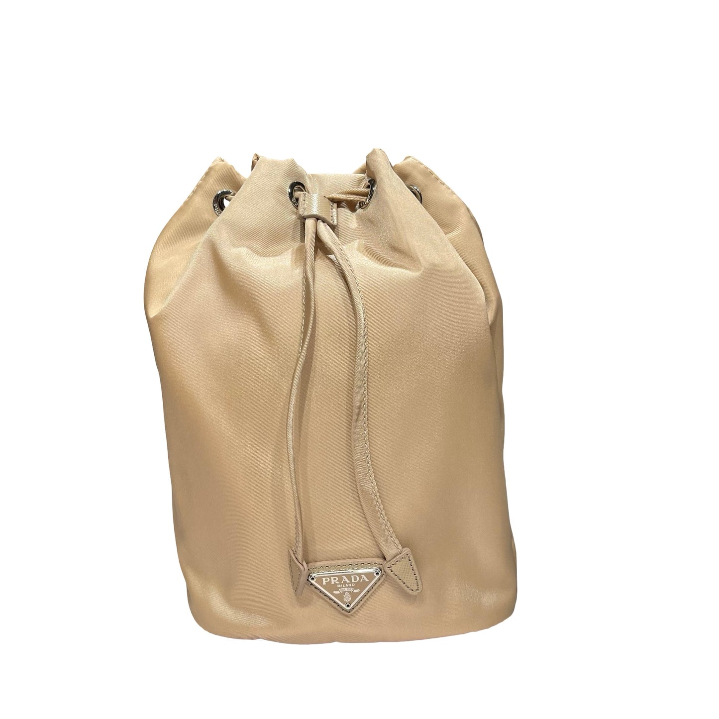 Prada Nylon Bucket Bag Beige with Silver Hardware