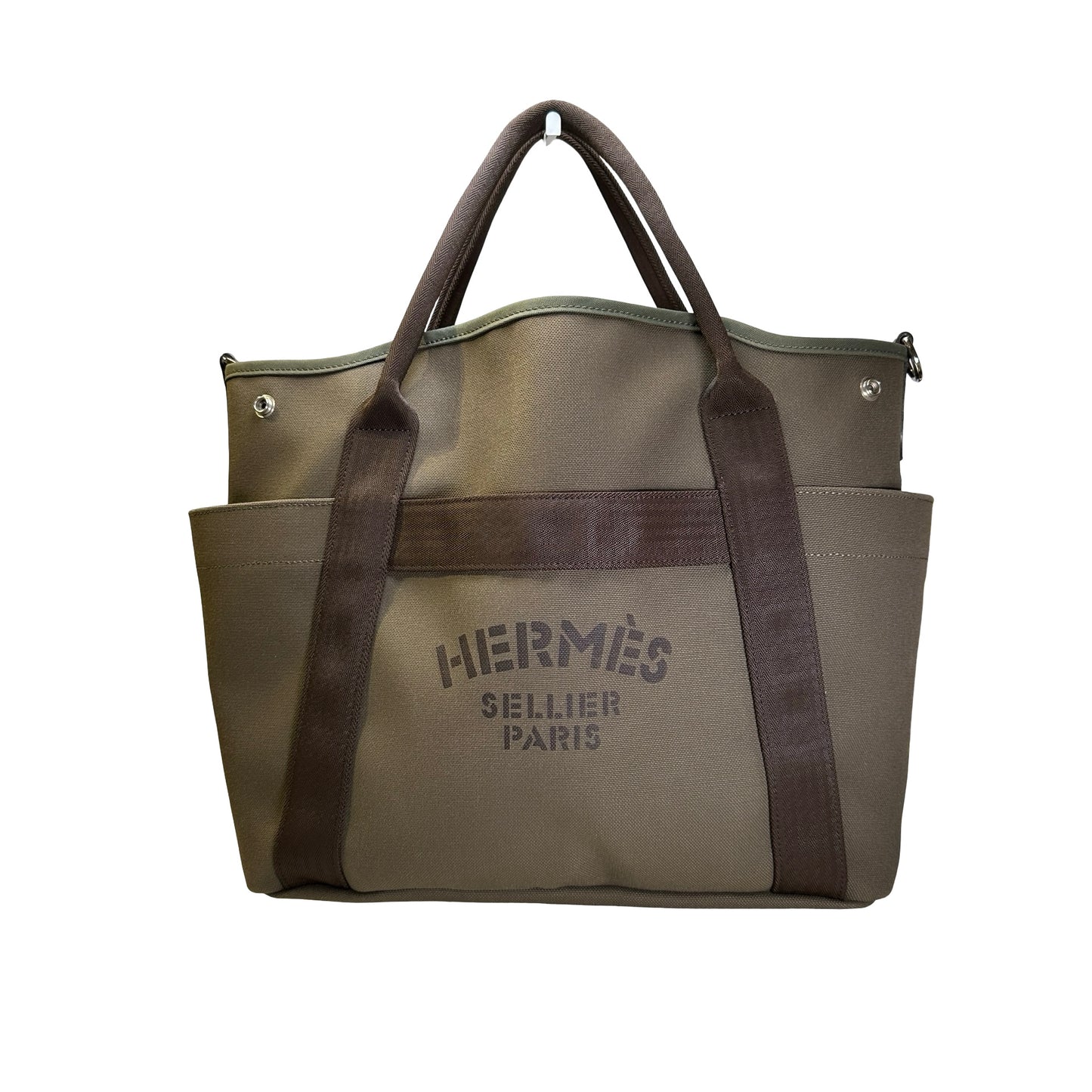 Used HERMES Canvas Grooming Bag Tote Bag Khaki Orange