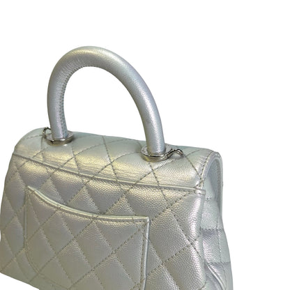 Used CHANEL Quilted Caviar Coco Handle Cross body bag Iridescent Silver Light Blue
