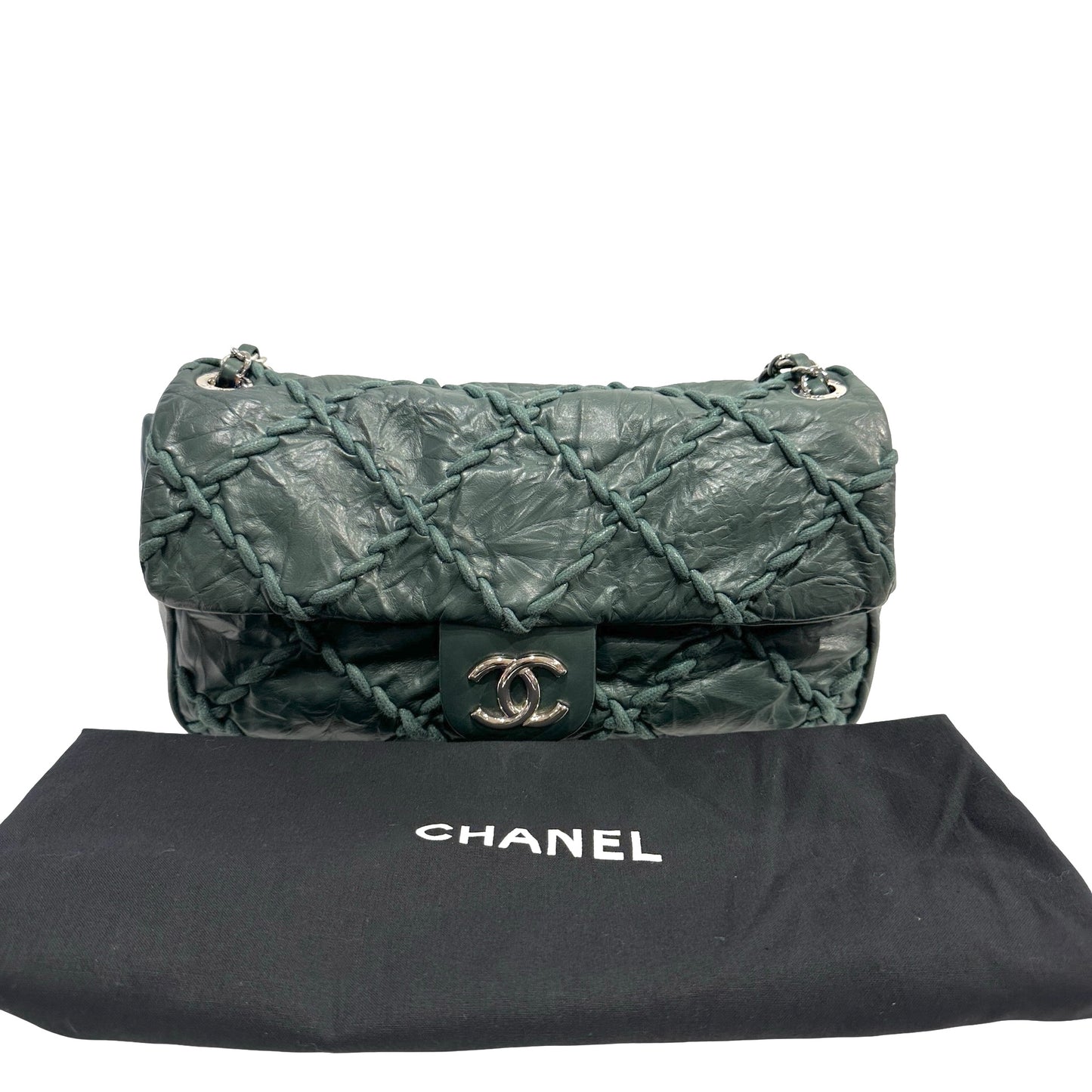 CHANEL Quilted Crinkled Calfskin Surpique Chain Shoulder Bag Dark Green Silver Hardware