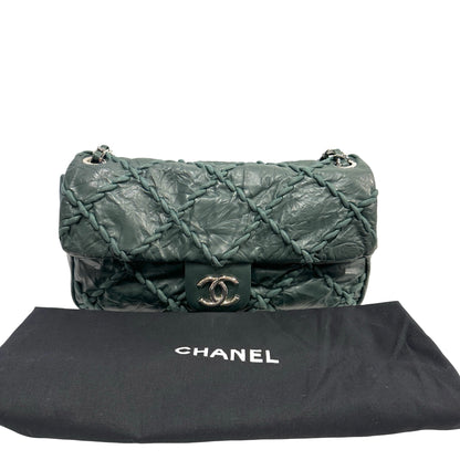 CHANEL Quilted Crinkled Calfskin Surpique Chain Shoulder Bag Dark Green Silver Hardware