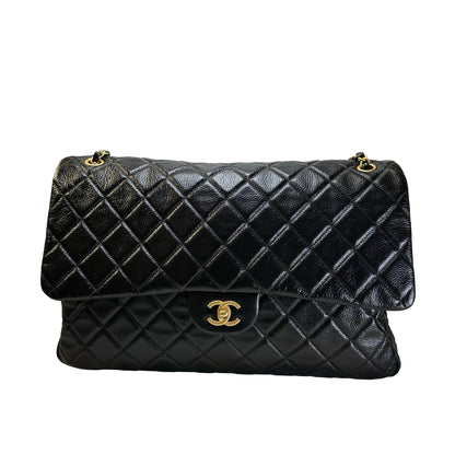 Used CHANEL Quilted Caviar Classic Flap Shoulder Bag Black Gold