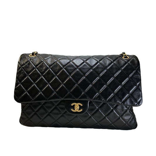 Used CHANEL Quilted Caviar Classic Flap Shoulder Bag Black Gold
