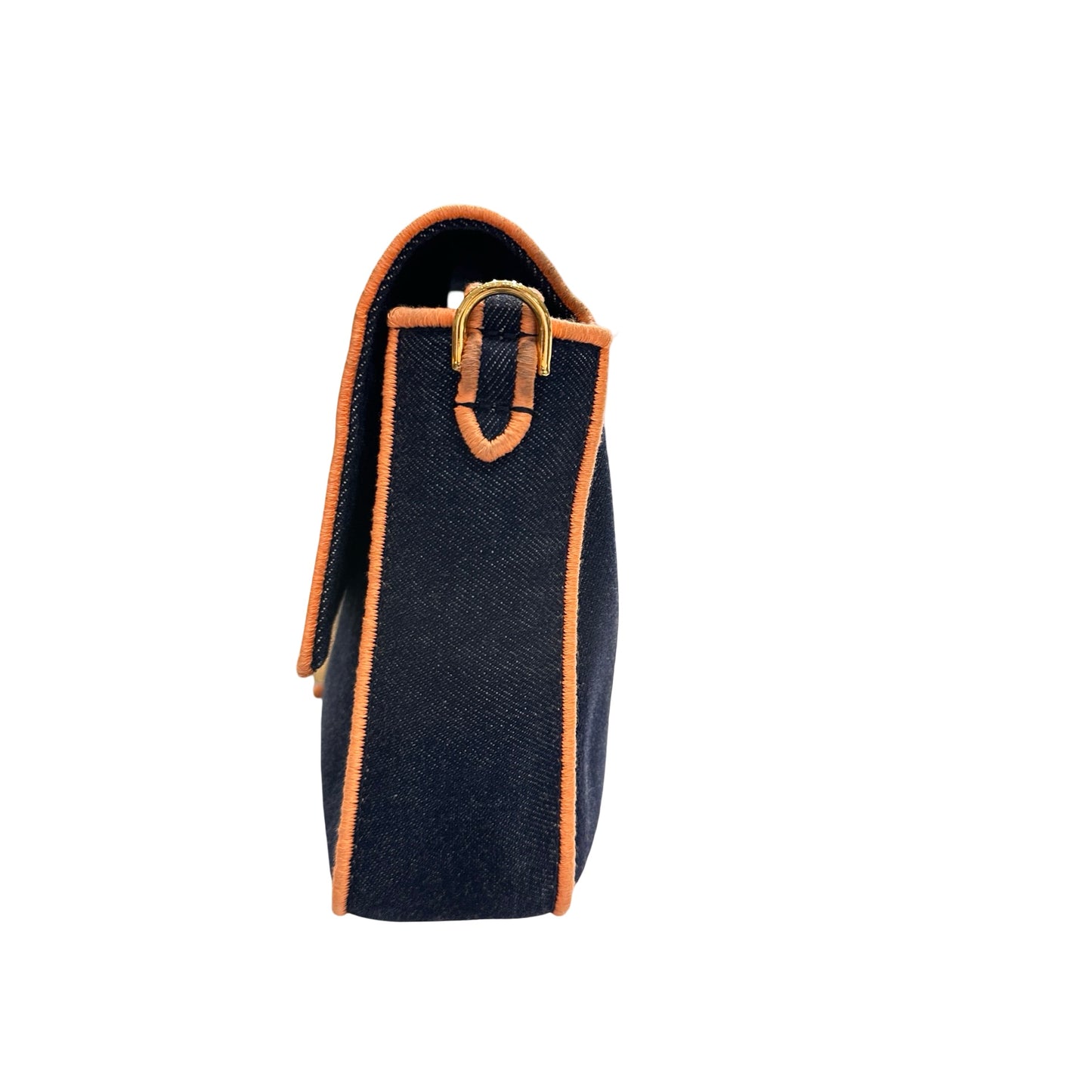 Used FENDI Denim BAEEGUETTE LARGE Shoulder Bag Navy Blue Orange