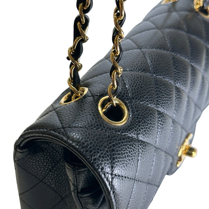 Used CHANEL Caviar Quilted Classic Double Flap Chain Shoulder Bag Black Gold