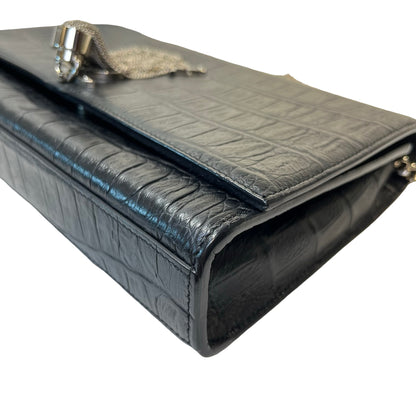 Used Saint Laurent Calfskin Leather Crocodile-Embossed Kate Tassel Chain Shoulder Bag Black PHW