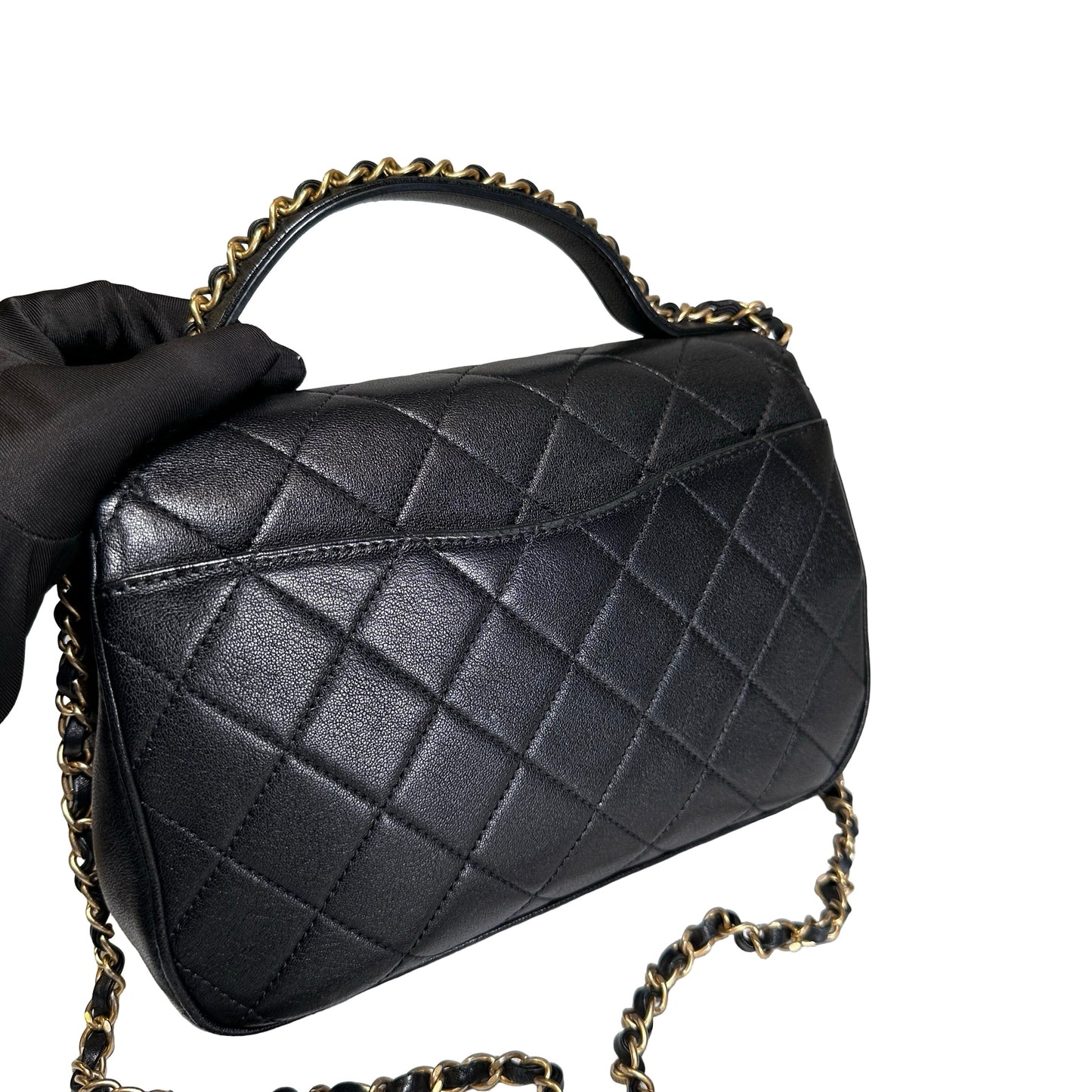 Used CHANEL Lambskin Chain Infinity Top Handle Bag Cross body bag Black GHW