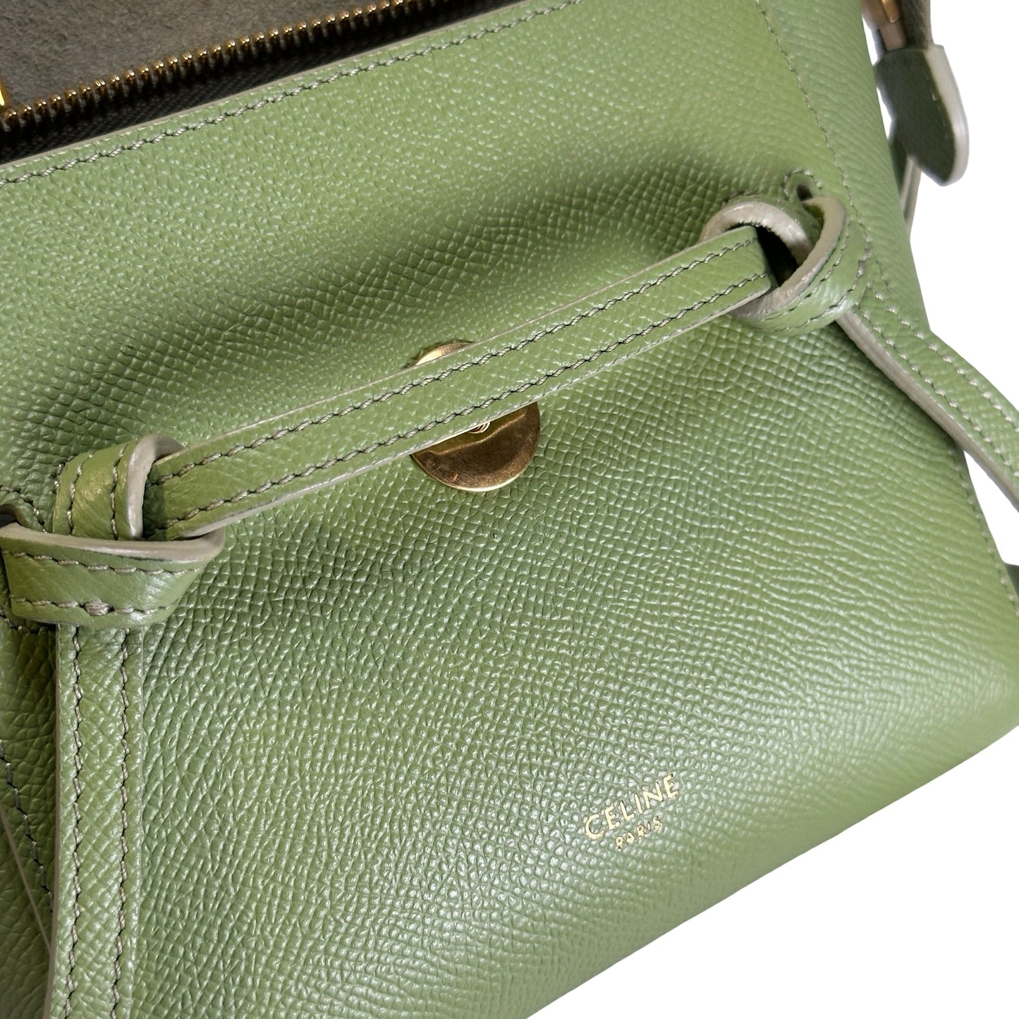 Used CELINE Grained Calfskin Pico Belt Bag Handbag Light Green