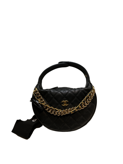 Used CHANEL Caviar Leather RIBBON HOBO POUCH Handbag Black GHW